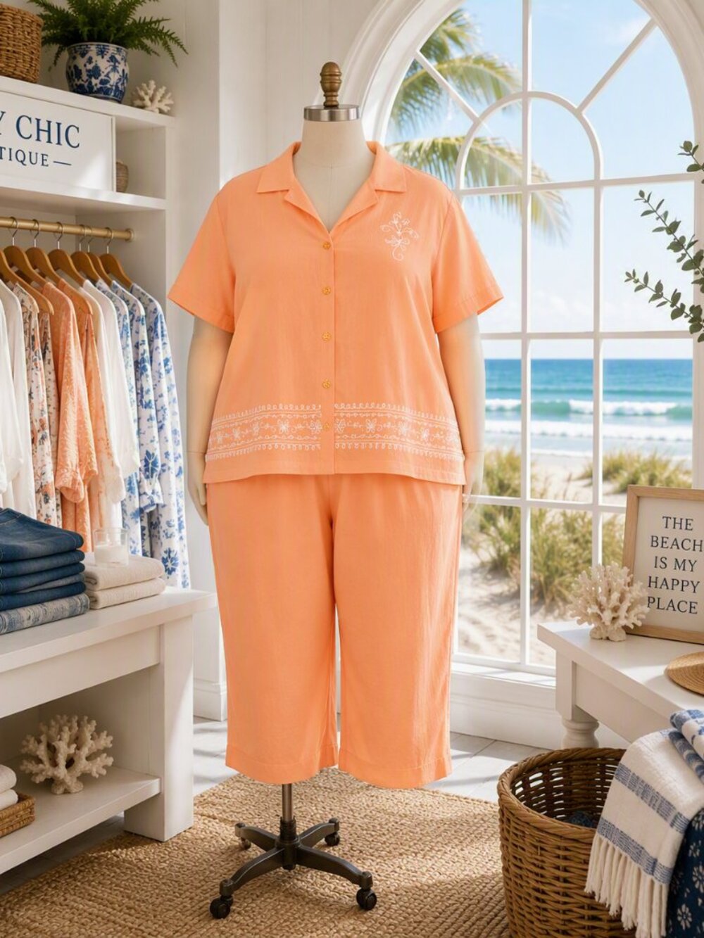BonWorth Peach Button-Down Shirt with White Embroidery Capri Pants